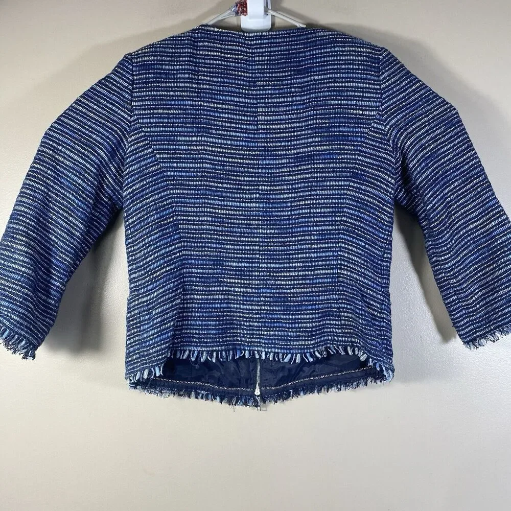 Lafayette 148 Woman’s Size 8 Blue Purple Blazer Cotton Blend Fringed Edges